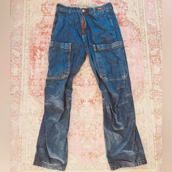 Marc Ecko, Men Vintage Dark Blue Cargo Denim Pants with Utility Pockets - Picture 1 of 6